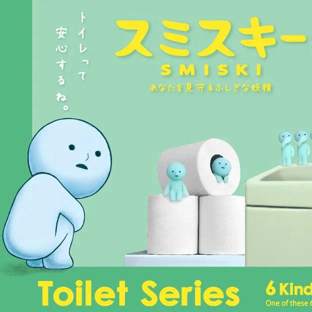 Promotional image of SMISKI toilet-themed figures with a green background and cartoon character.