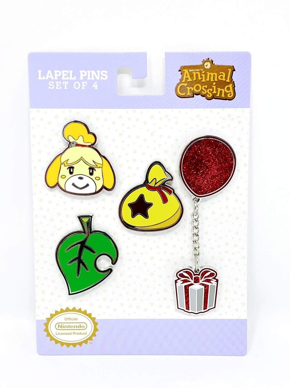 Animal Crossing Enamel Pin Set – Isabelle, Bell Bag, Balloon Gift & Leaf (4-Piece Set)
